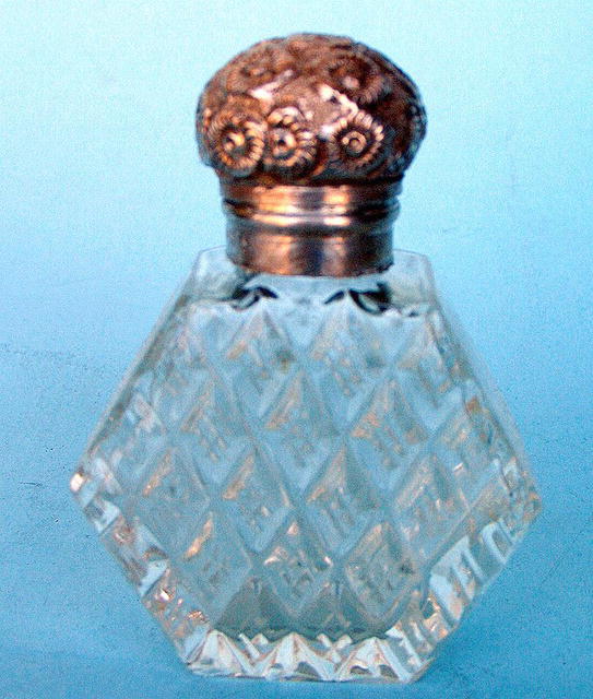 VERY UNUSUAL CUT GLASS & REPOUSSE STERLING SCENT BOTTLE