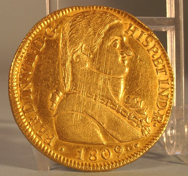 1809 CHILE 8 ESCUDOS GOLD ABOUT UNCIRCULATED