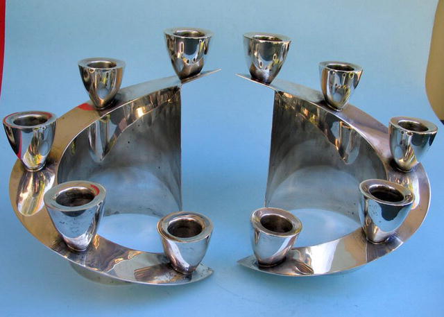 HEAVY MEXICAN STERLING MOD CANDELABRAS EAGLE MARKED