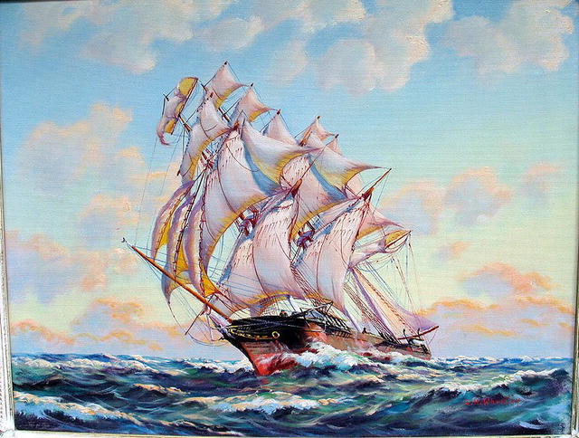 FABULOUS PAINTING BY G H WHEATLEY OF SHIP UNDER SAIL