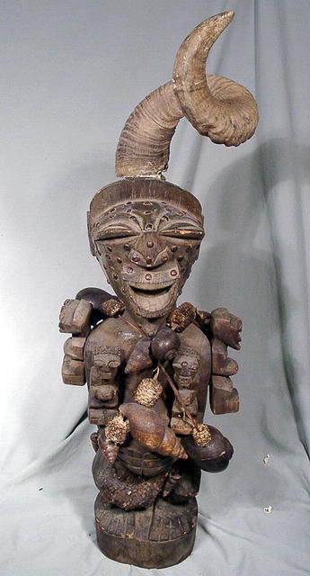 SONGYE FETISH / POWER FIGURE ZAIRE LARGE RAMS HORN 1900
