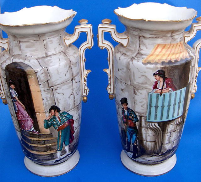 WELL PAINTED OLD PARIS PAIR OF VASES EXTRA NICE