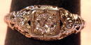18K WHITE GOLD FILIGREE RING .50 CARAT DIAMOND 2 SIDE STONES