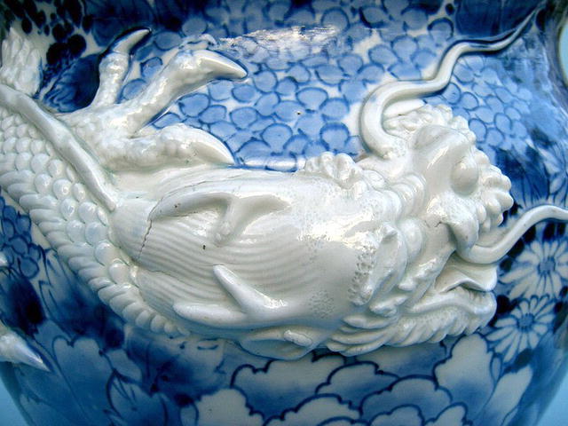 MASSIVE HIRADO SETO VASE WITH RELIEF DRAGON