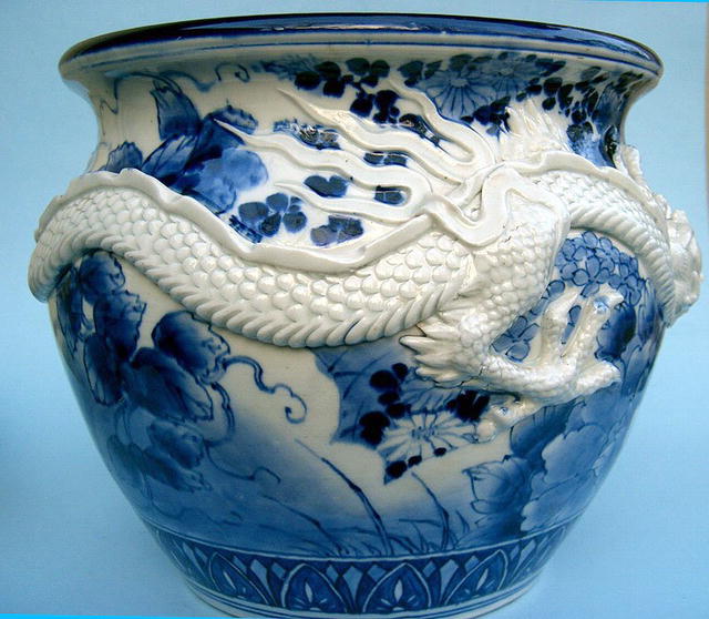 MASSIVE HIRADO SETO VASE WITH RELIEF DRAGON