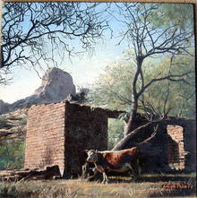 BIZARRE OIL PAINTING ON SILVER PLATE TRAY WESTERN SCENE