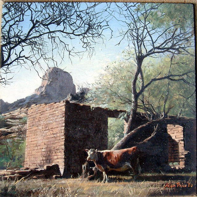 BIZARRE OIL PAINTING ON SILVER PLATE TRAY WESTERN SCENE