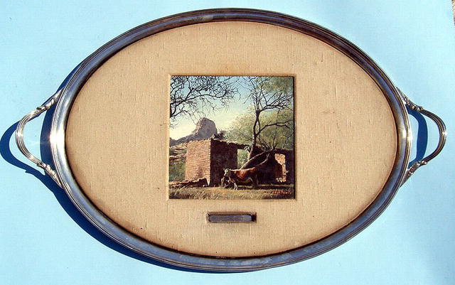BIZARRE OIL PAINTING ON SILVER PLATE TRAY WESTERN SCENE