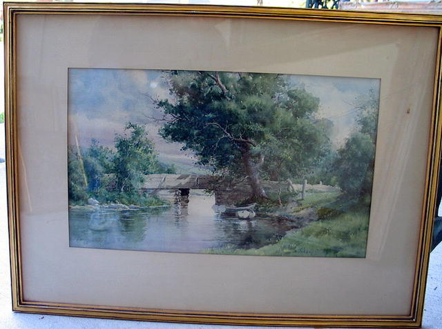 D WHIT CLARKE DATED 1893 WATERCOLOR OF BRIDGE SCENE
