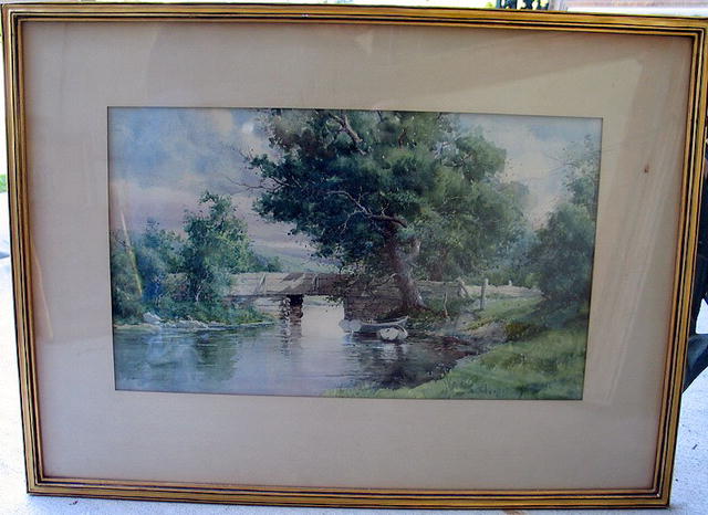 D WHIT CLARKE DATED 1893 WATERCOLOR OF BRIDGE SCENE