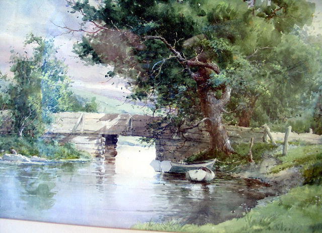 D WHIT CLARKE DATED 1893 WATERCOLOR OF BRIDGE SCENE