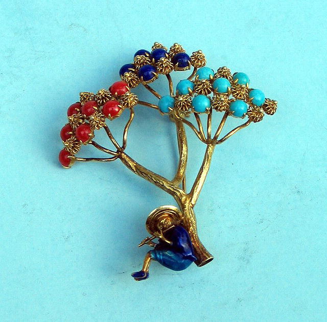 QUALITY 14K TREE W/ MAN ENAMELED CORAL TURQUOISE LAPIS