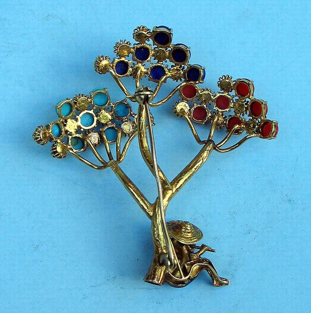 QUALITY 14K TREE W/ MAN ENAMELED CORAL TURQUOISE LAPIS
