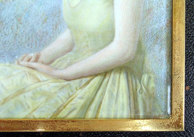 LARGE PAINTING ON IVORY OF WOMAN SIGNED HASKELL