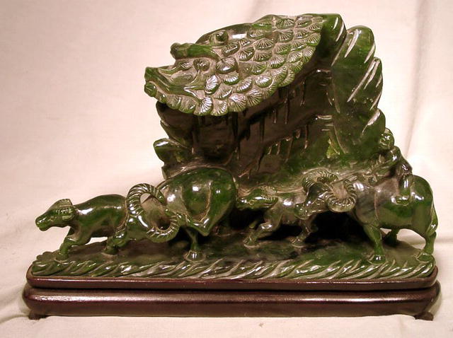 SPINACH JADE CARVED FIGURES OF WATER BUFFALO GROVE