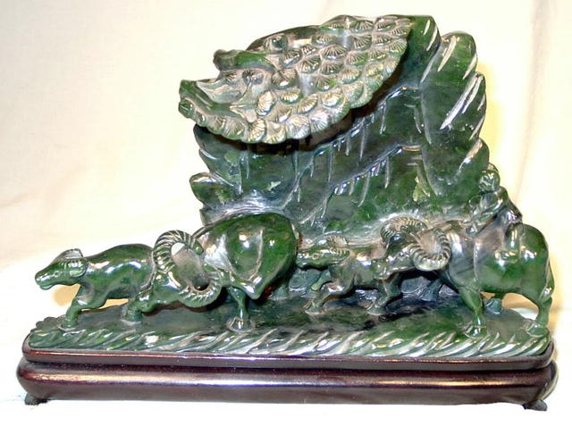 SPINACH JADE CARVED FIGURES OF WATER BUFFALO GROVE