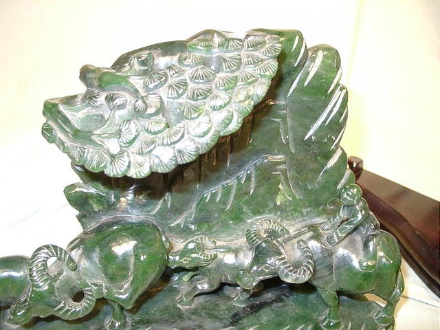 SPINACH JADE CARVED FIGURES OF WATER BUFFALO GROVE