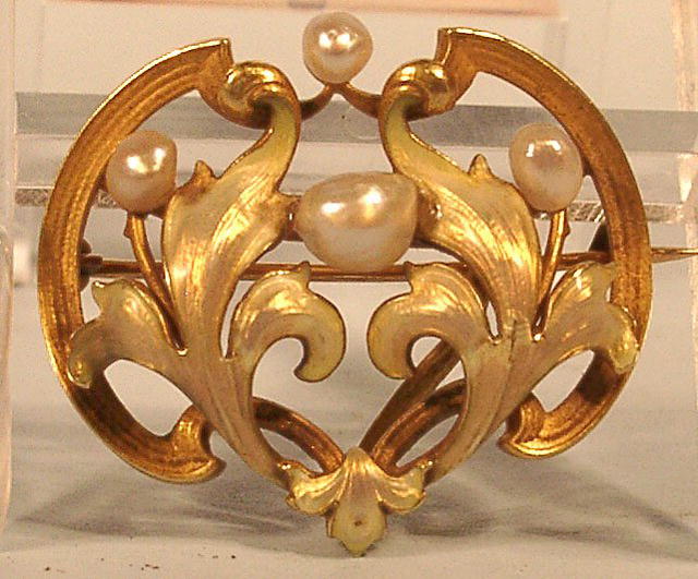 KREMENTZ ENAMELED ART NOUVEAU PEARLS 14K PIN