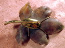 CELLINO 18K CARVED LEAF PIN W/BEE DIAMONDS RUBY EMERALD