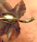 CELLINO 18K CARVED LEAF PIN W/BEE DIAMONDS RUBY EMERALD