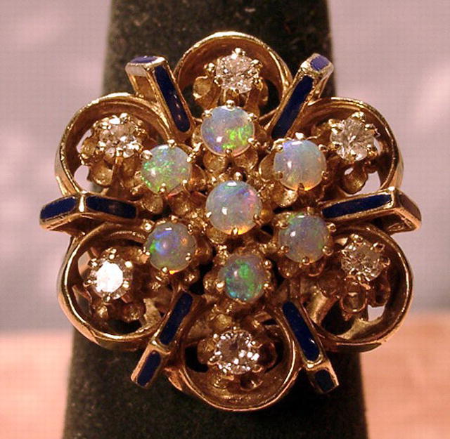 BEAUTIFUL 14K ENAMEL OPALS AND DIAMONDS RING