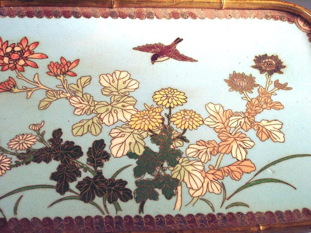 BEAUTIFUL MEIJI JAPANESE CLOISONNE TRAY BRASS BAMBOO