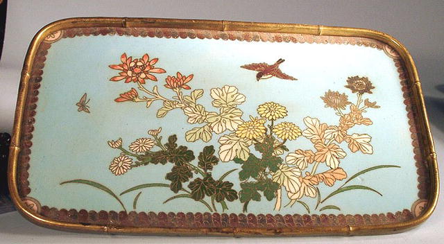 BEAUTIFUL MEIJI JAPANESE CLOISONNE TRAY BRASS BAMBOO