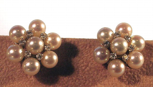 SIGNED DESIGNER PEARL AND DIAMOND EARRINGS
