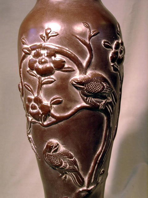 JAPANESE BRONZE VASE BIRDS STAND LAMP FINE DETAILING