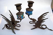 LONGWY INSERT PAIR OF BRASS CANDLESTICK S WITH DRAGONS
