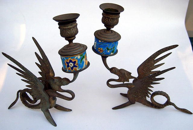 LONGWY INSERT PAIR OF BRASS CANDLESTICK S WITH DRAGONS