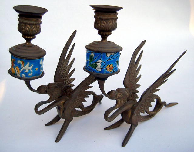 LONGWY INSERT PAIR OF BRASS CANDLESTICK S WITH DRAGONS