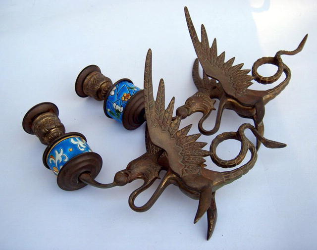 LONGWY INSERT PAIR OF BRASS CANDLESTICK S WITH DRAGONS