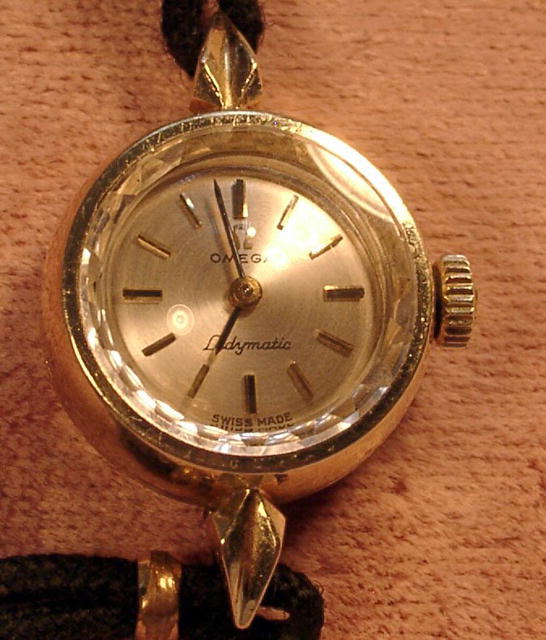 LADIES 14K OMEGA LADYMATIC WRIST WATCH FACETED CRYSTAL