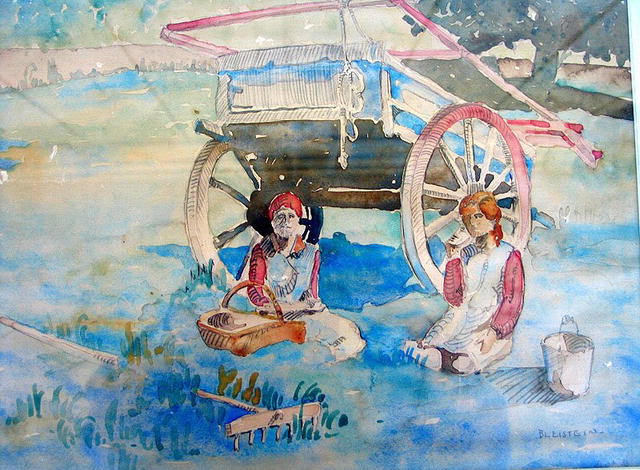 SIGNED 1933 WATERCOLOR OF GYPSY FAMILY BY CART