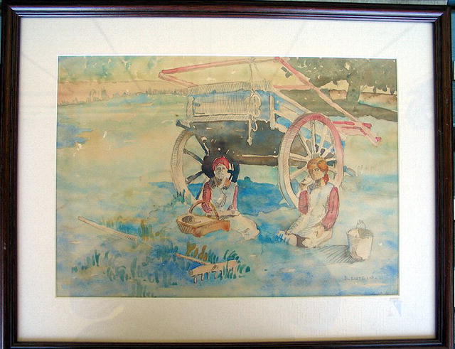 SIGNED 1933 WATERCOLOR OF GYPSY FAMILY BY CART