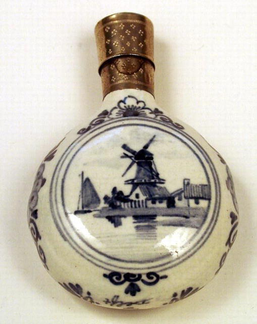 DELFT 19th C SCENT BOTTLE STERLING TOP
