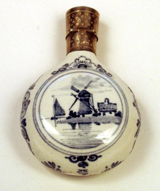 DELFT 19th C SCENT BOTTLE STERLING TOP