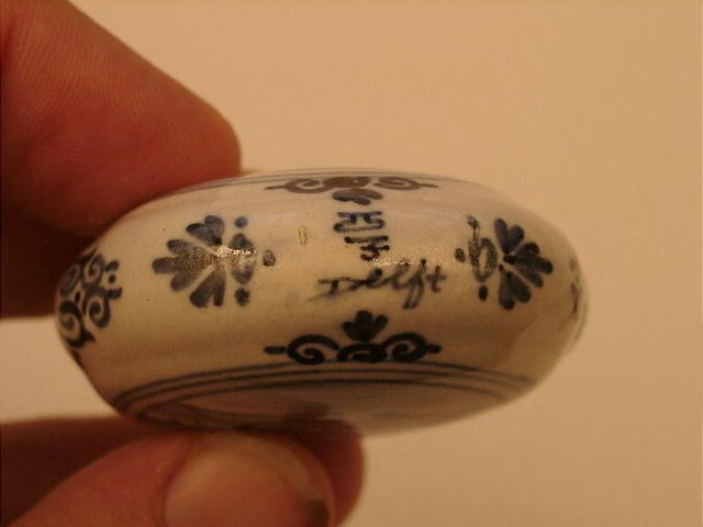 DELFT 19th C SCENT BOTTLE STERLING TOP