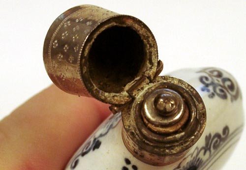 DELFT 19th C SCENT BOTTLE STERLING TOP