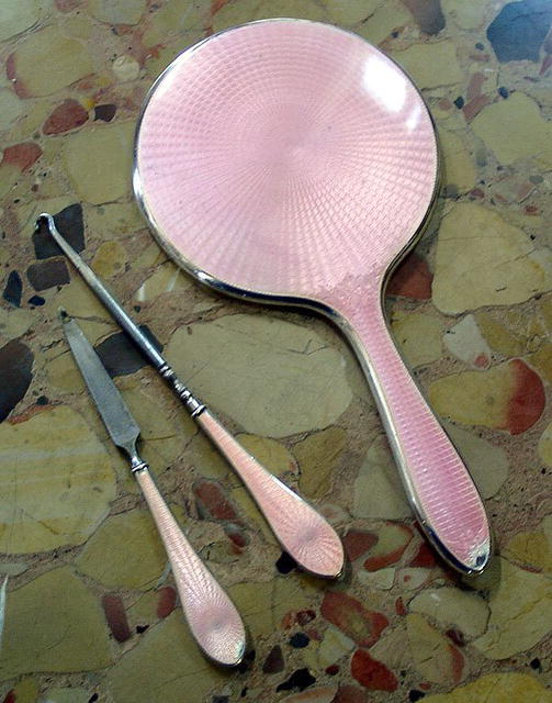 20's 3 PIECE STERLING MIRROR ENAMEL PINK