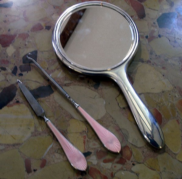 20's 3 PIECE STERLING MIRROR ENAMEL PINK
