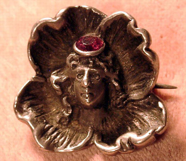 STERLING ART NOUVEAU PIN W/WOMAN IN FLOWER RUBY