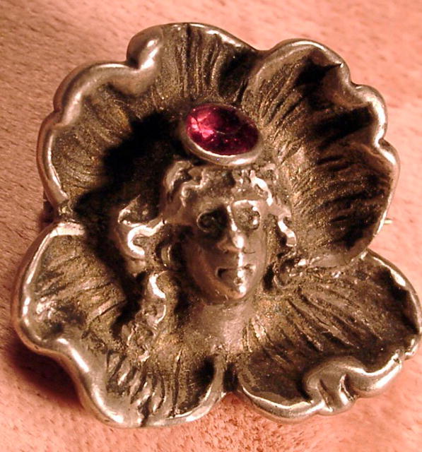 STERLING ART NOUVEAU PIN W/WOMAN IN FLOWER RUBY