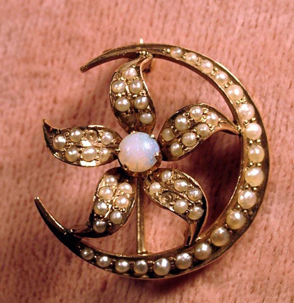 FINE STARFISH HALF MOON OPAL WITH SEED PEARLS PIN