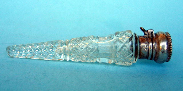 FINE CUT GLASS AND STERLING LAYDOWN SCENT PERFUME BOTTLE