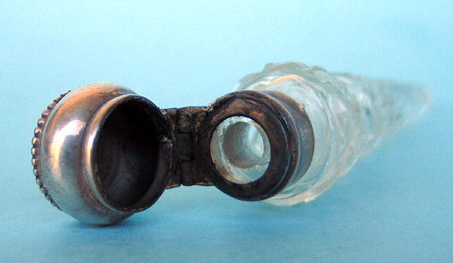 FINE CUT GLASS AND STERLING LAYDOWN SCENT PERFUME BOTTLE