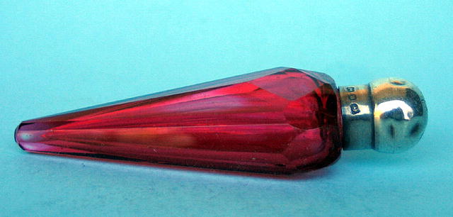 GREAT STERLING AND RED GLASS LAYDOWN PERFUME BOTTLE