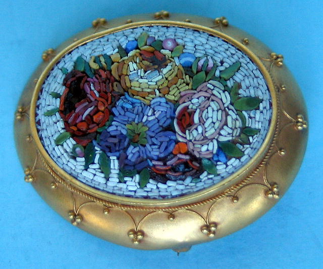 ETRUSCAN MICROMOSAIC BROOCH PIN 14K GOLD VICTORIAN NICE