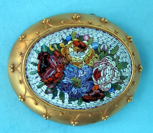 ETRUSCAN MICROMOSAIC BROOCH PIN 14K GOLD VICTORIAN NICE